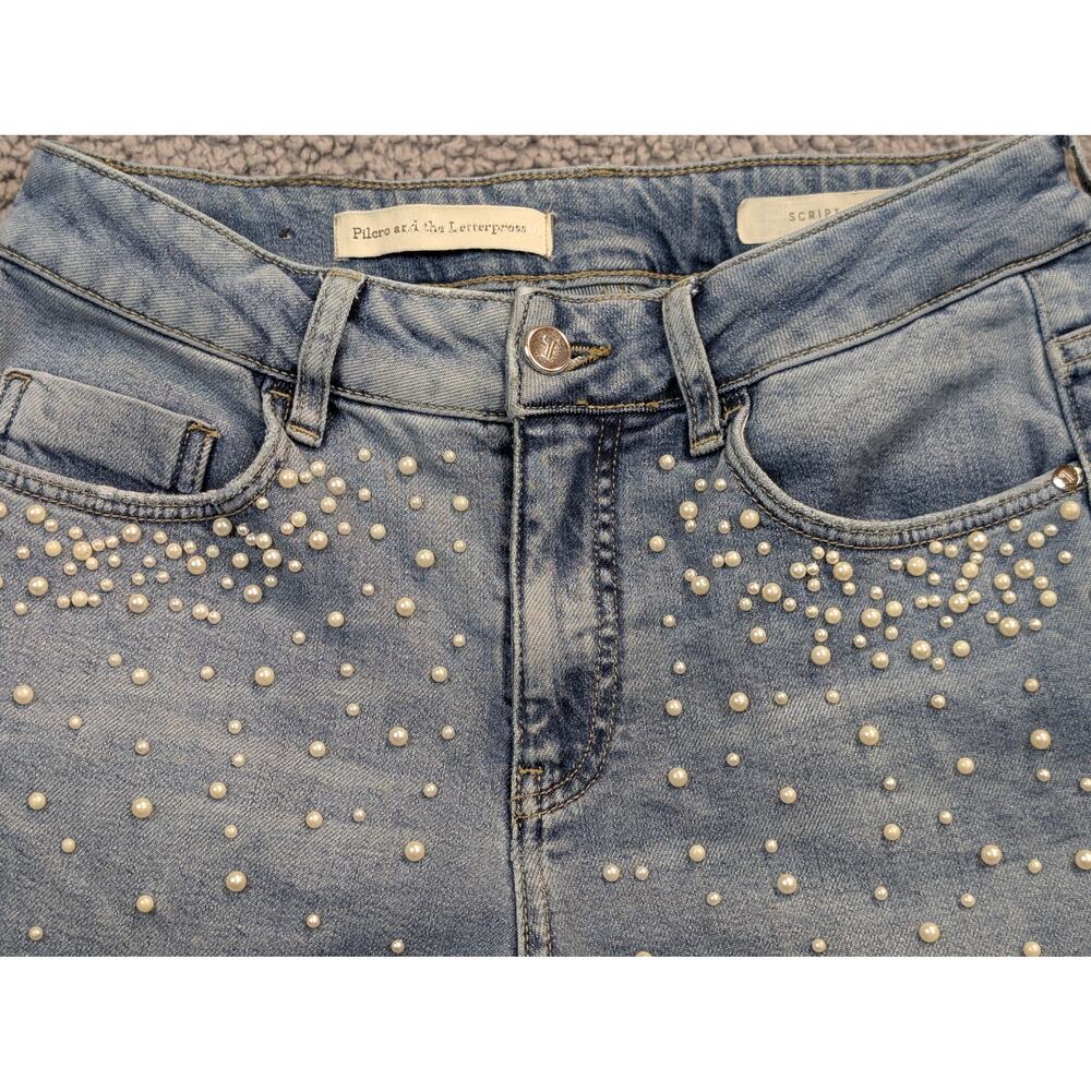 Pilcro Jeans Women's 27 Blue Script Pearl Studded Skinny Ankle (0565)